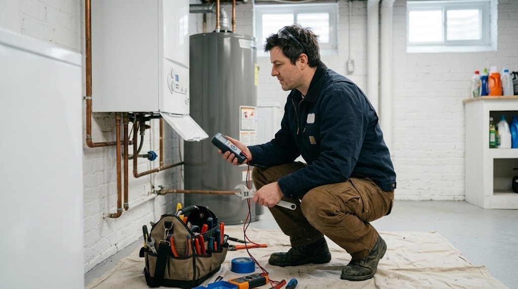 Licensed heating technician diagnosing a residential gas boiler in an Oakwood Staten Island basement